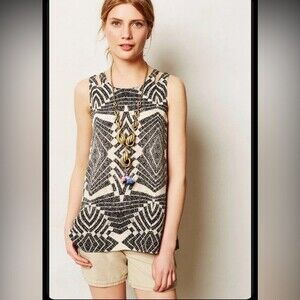 Anthropologie Fynn and Rose Black Cream Printed Silk Lined Swing Paxi Tank S